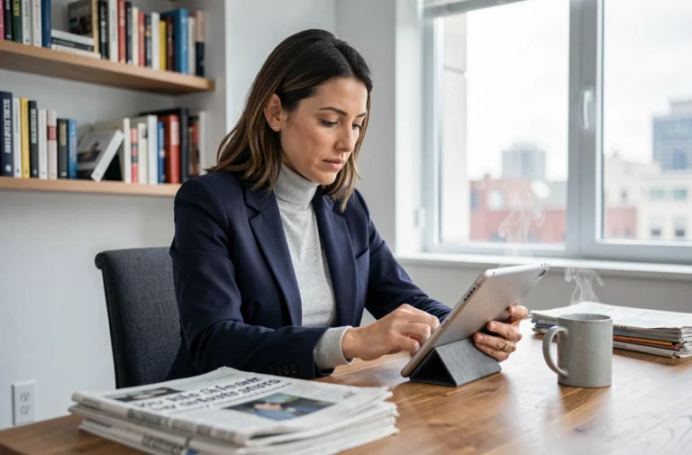 Femme consultant l'actualité de la semaine sur une tablette dans un bureau moderne