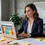 Femme d'affaires en blazer marine travaillant sur une offre commerciale irrésistible devant un laptop dans un bureau moderne