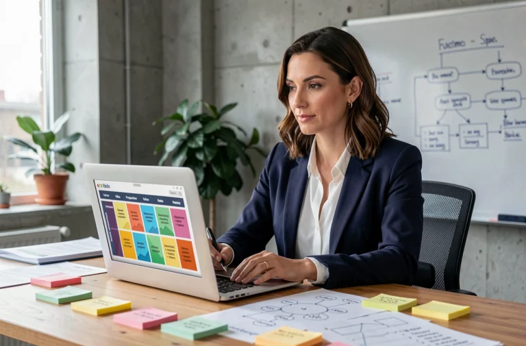 Femme d'affaires en blazer marine travaillant sur une offre commerciale irrésistible devant un laptop dans un bureau moderne