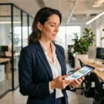 Femme d'affaires professionnelle en blazer marine tenant une tablette avec des graphiques dans un bureau moderne open-space