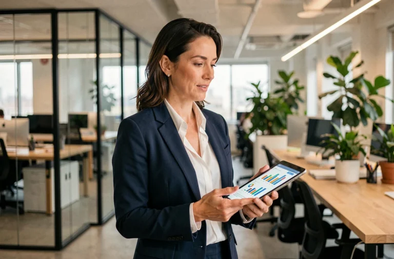 Femme d'affaires professionnelle en blazer marine tenant une tablette avec des graphiques dans un bureau moderne open-space