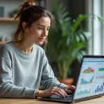 Femme consultant des statistiques de fréquentation de sites web populaires sur un ordinateur portable dans un bureau moderne en 2025