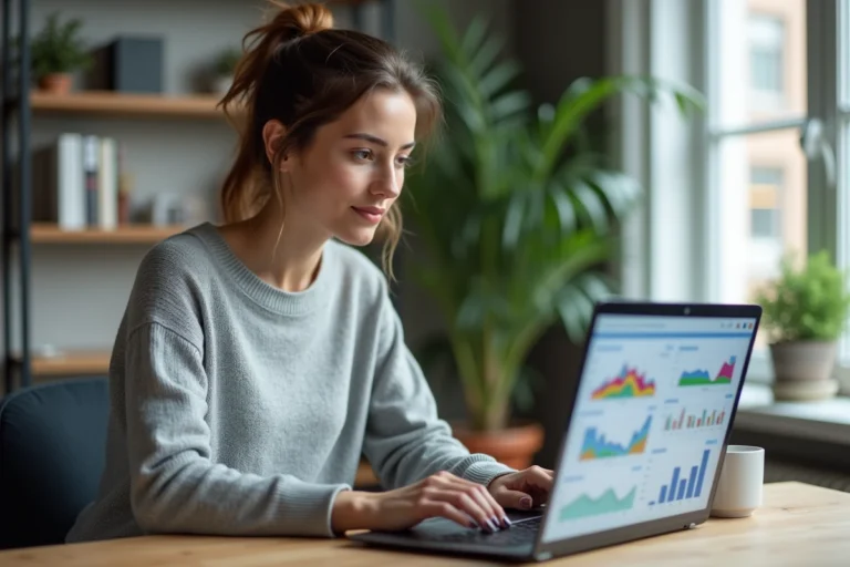 Femme consultant des statistiques de fréquentation de sites web populaires sur un ordinateur portable dans un bureau moderne en 2025