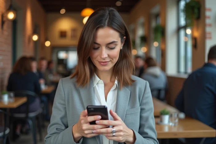 Femme consultant l'application FDJ sur son smartphone dans un café moderne pour accéder à son compte en ligne