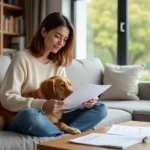 Femme consultant des documents d'assurance santé pour son chien golden retriever sur un canapé gris dans un salon chaleureux