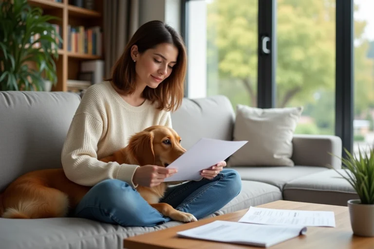 Femme consultant des documents d'assurance santé pour son chien golden retriever sur un canapé gris dans un salon chaleureux