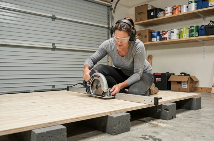 Femme bricolant avec la scie circulaire Tacklife PES01A pour couper un panneau de contreplaqué dans un garage domestique