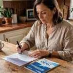 Femme consultant un livret CESU et des documents fiscaux à une table de cuisine en bois