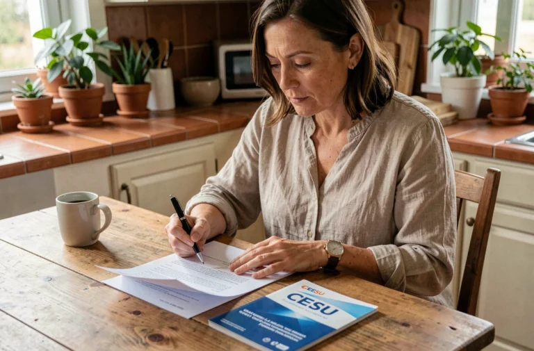 Femme consultant un livret CESU et des documents fiscaux à une table de cuisine en bois