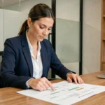 Professionnelle consultant le plan du site d'une agence de conseil pour mieux naviguer et s'orienter dans l'offre de services