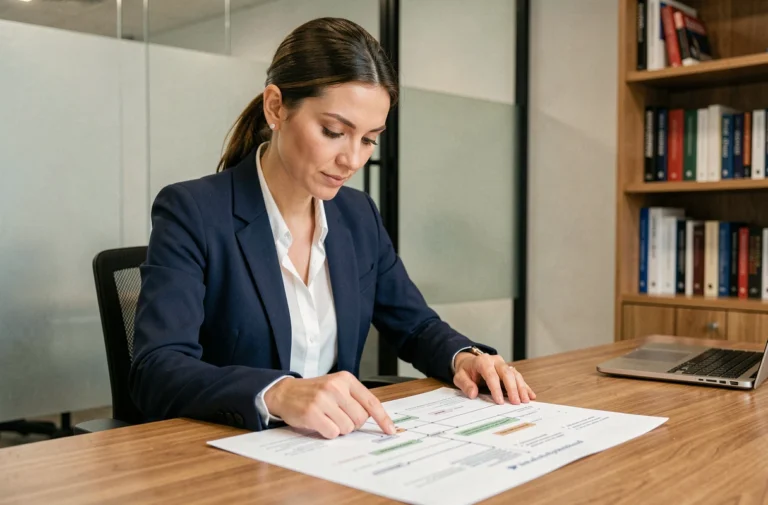 Professionnelle consultant le plan du site d'une agence de conseil pour mieux naviguer et s'orienter dans l'offre de services