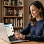 Femme consultant le site Infolocale sur un ordinateur portable dans un bureau à domicile