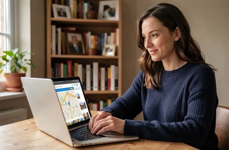 Femme consultant le site Infolocale sur un ordinateur portable dans un bureau à domicile