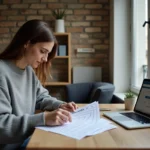 Femme consultant la liste des zones tendues sur ordinateur et document papier dans un appartement parisien