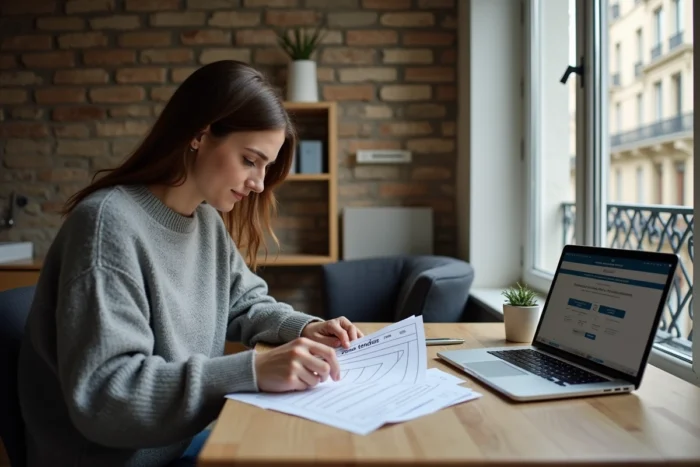 Femme consultant la liste des zones tendues sur ordinateur et document papier dans un appartement parisien