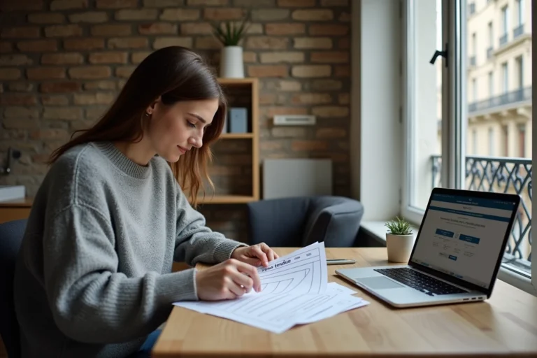 Femme consultant la liste des zones tendues sur ordinateur et document papier dans un appartement parisien