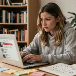 Jeune femme intriguée devant son ordinateur portable découvrant le phénomène viral Yindofoyelaszoz sur les réseaux sociaux