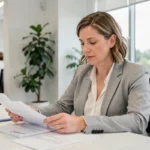Femme consultant des documents administratifs pour obtenir le code NAN CESU dans un bureau moderne