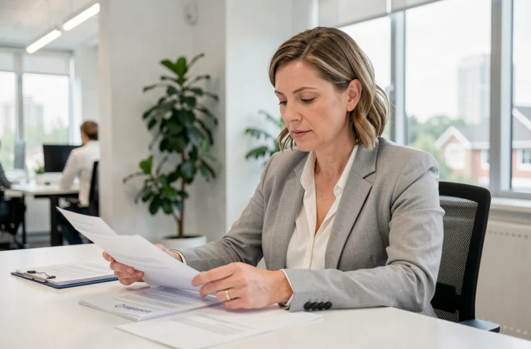Femme consultant des documents administratifs pour obtenir le code NAN CESU dans un bureau moderne