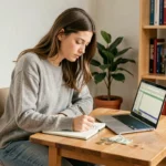 Femme entrepreneur travaillant sur son budget prévisionnel dans un bureau à domicile modeste avec un carnet et un ordinateur portable
