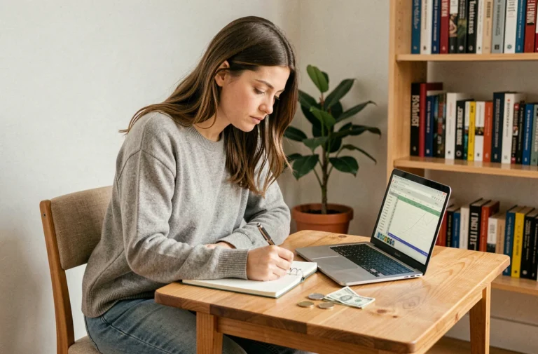 Femme entrepreneur travaillant sur son budget prévisionnel dans un bureau à domicile modeste avec un carnet et un ordinateur portable