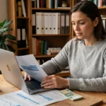 Femme analysant ses finances personnelles à un bureau en bois pour atteindre un objectif d'épargne de 50 000 euros