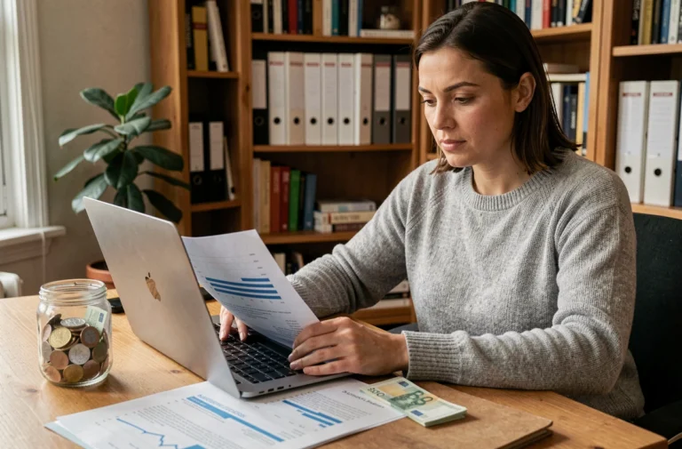 Femme analysant ses finances personnelles à un bureau en bois pour atteindre un objectif d'épargne de 50 000 euros