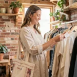 Femme en robe en lin naturel faisant du shopping dans une boutique de vêtements vintage éco-responsables