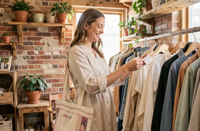 Femme en robe en lin naturel faisant du shopping dans une boutique de vêtements vintage éco-responsables
