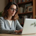 Femme naviguant sur un blog familial depuis son bureau à domicile, illustrant la navigation sur le site Un P'tit Air de Famille
