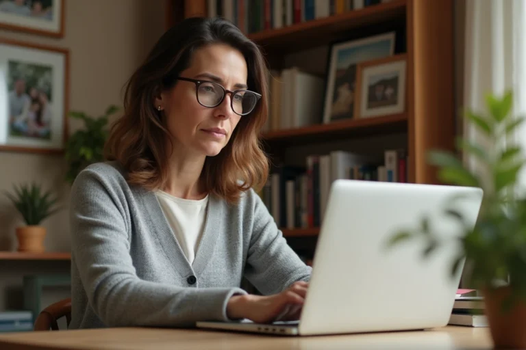 Femme naviguant sur un blog familial depuis son bureau à domicile, illustrant la navigation sur le site Un P'tit Air de Famille