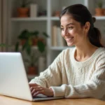 Femme consultant le plan du site d'un blog sur un ordinateur portable dans un bureau cosy