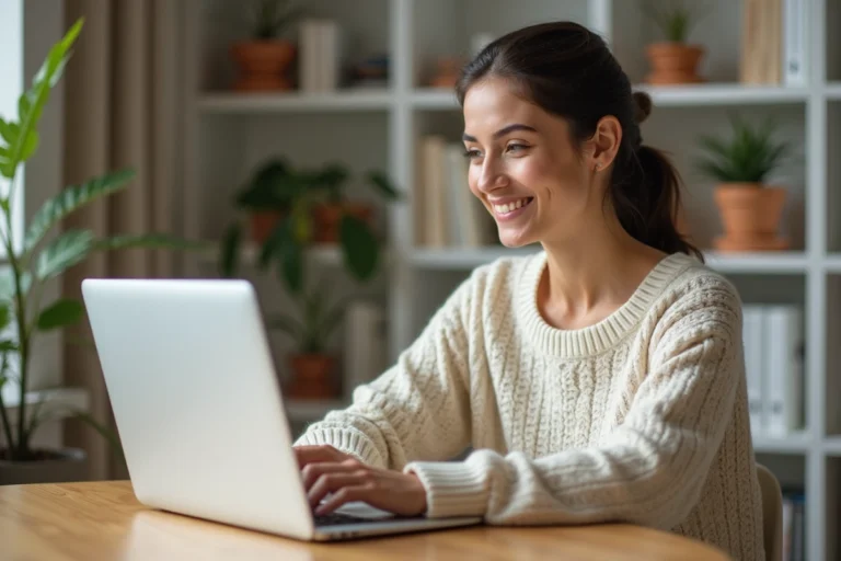 Femme consultant le plan du site d'un blog sur un ordinateur portable dans un bureau cosy