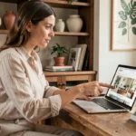 Femme parcourant un plan de site de décoration d'intérieur sur un ordinateur portable dans un bureau cosy