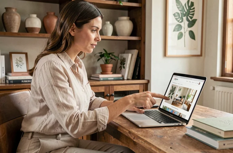 Femme parcourant un plan de site de décoration d'intérieur sur un ordinateur portable dans un bureau cosy