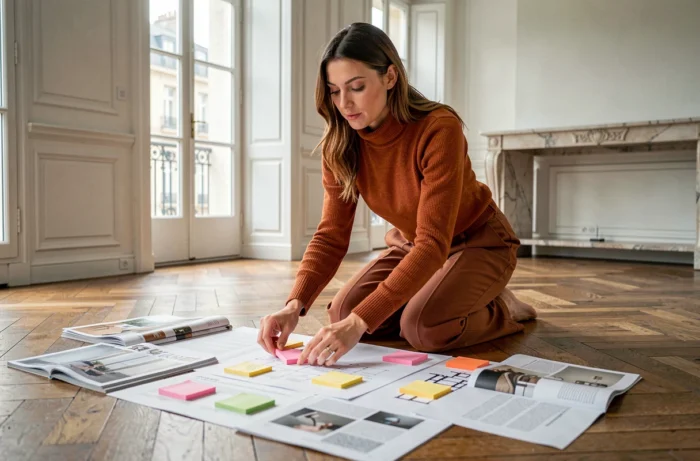 Femme organisant un plan de site de décoration avec des magazines et des notes sur un parquet parisien