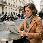 Femme parisienne lisant un journal en terrasse de café sur un boulevard haussmannien