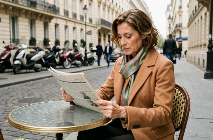 Femme parisienne lisant un journal en terrasse de café sur un boulevard haussmannien