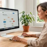 Femme consultant le plan du site Cœur Pays de Retz sur un ordinateur de bureau dans un bureau à domicile moderne