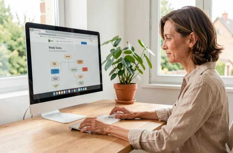 Femme consultant le plan du site Cœur Pays de Retz sur un ordinateur de bureau dans un bureau à domicile moderne