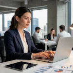 Femme professionnelle analysant des données business en ligne dans un espace de coworking moderne