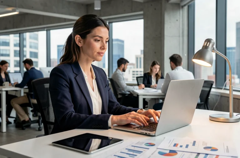 Femme professionnelle analysant des données business en ligne dans un espace de coworking moderne