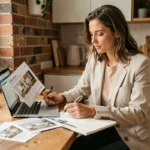 Femme consultant des annonces immobilières sur ordinateur et documents papier pour trouver une location adaptée