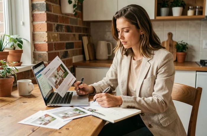 Femme consultant des annonces immobilières sur ordinateur et documents papier pour trouver une location adaptée
