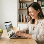 Femme consultant le site Abritel sur un ordinateur portable pour réserver une location de vacances