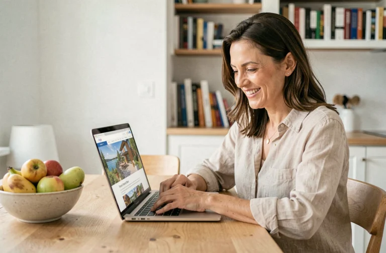 Femme consultant le site Abritel sur un ordinateur portable pour réserver une location de vacances