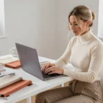 Femme élégante consultant les tendances mode sur un site de fashion sur son ordinateur portable dans un bureau minimaliste