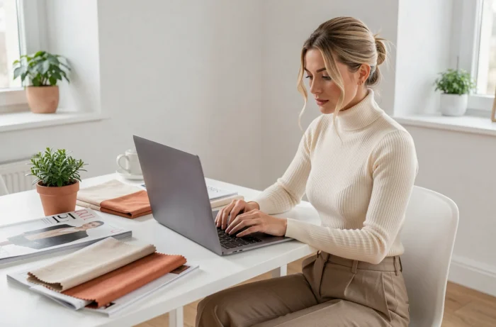 Femme élégante consultant les tendances mode sur un site de fashion sur son ordinateur portable dans un bureau minimaliste