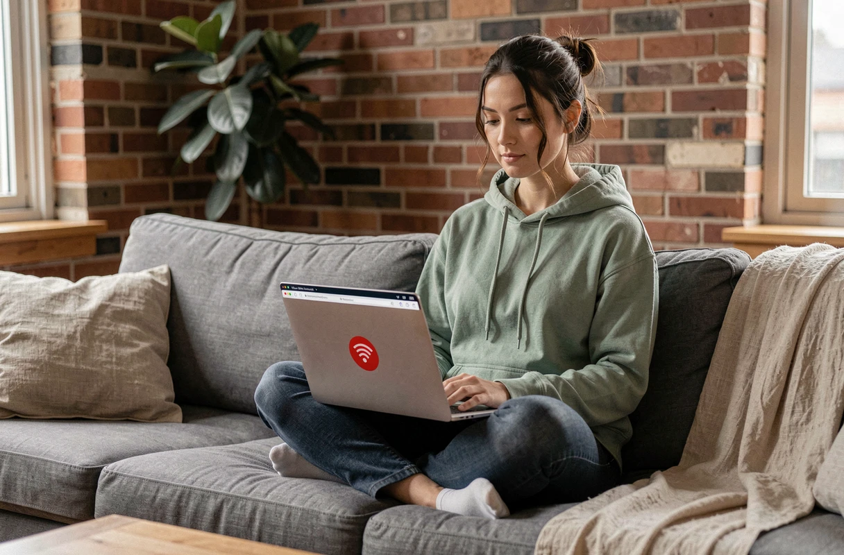 Femme assise sur un canapé consultant une application VPN déconnectée sur son ordinateur portable dans un appartement urbain