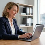 Femme professionnelle gérant des documents immobiliers sur un ordinateur portable dans un bureau moderne
